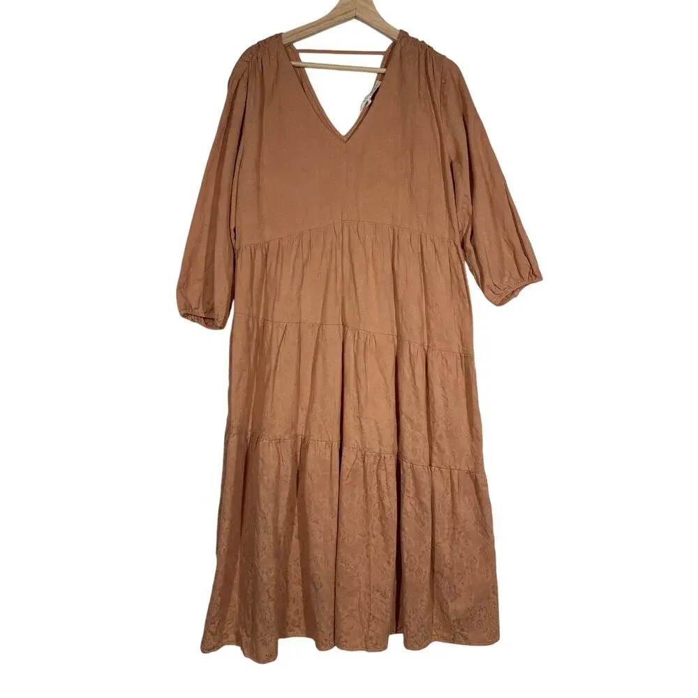 Umgee 3/4 Sleeve V-Neck Tiered Maxi Dress V-Back Cotton Boho Pullover Size 1X - Picture 2 of 15